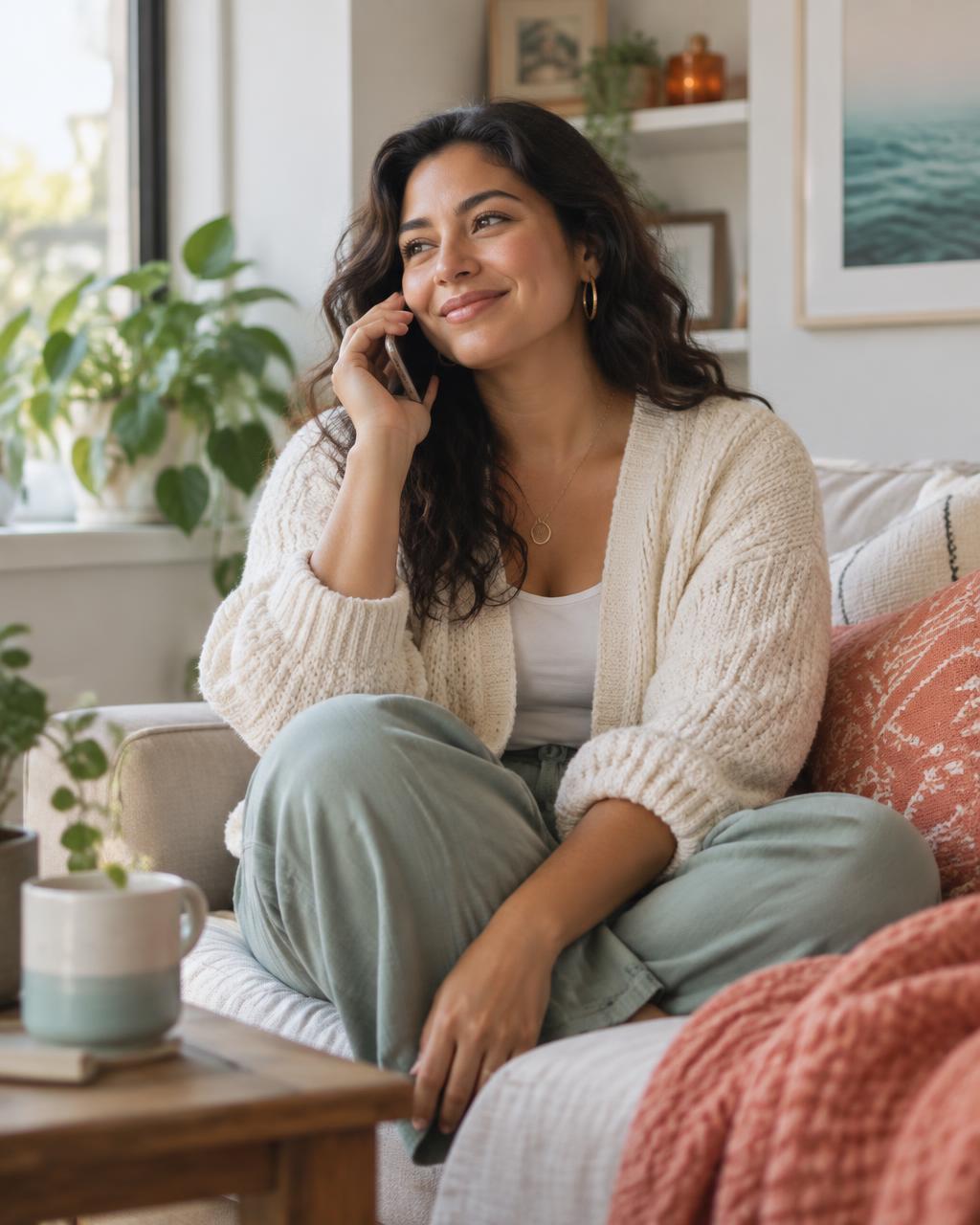 Mujer conversando tranquilamente por teléfono en casa